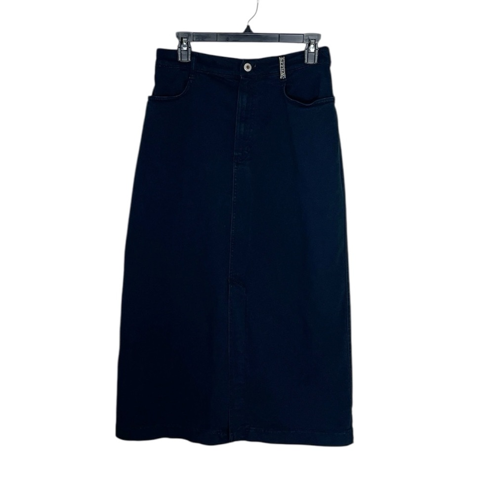 Blue Willi's Black Denim Cotton Blend Long Skirt with Front Slit
